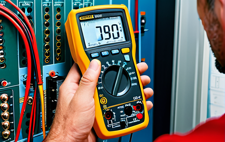 디지털 멀티미터 사용법 - Multimeter in Use**
"A fully clothed technician wearing appropriate attire, using a digital multime...