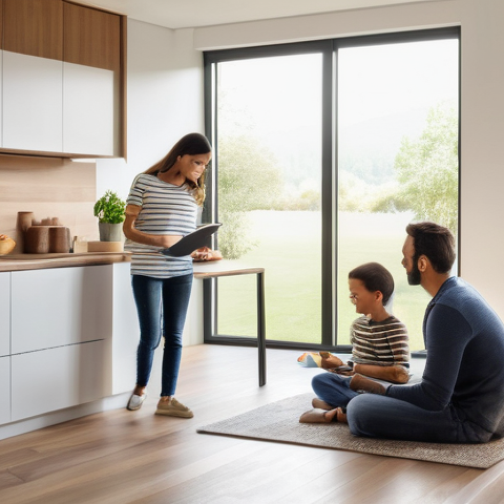 전기기기 내구성 시험 - A warm, inviting modern home interior, bathed in soft, natural light. A family (mother, father, and ...