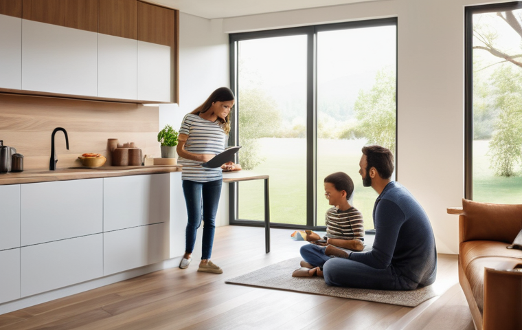 전기기기 내구성 시험 - A warm, inviting modern home interior, bathed in soft, natural light. A family (mother, father, and ...