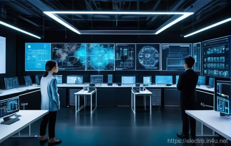전기기기 설계의 최신 기술 - **AI-driven Electrical System Design:** A brightly lit, futuristic engineering lab with diverse engi...