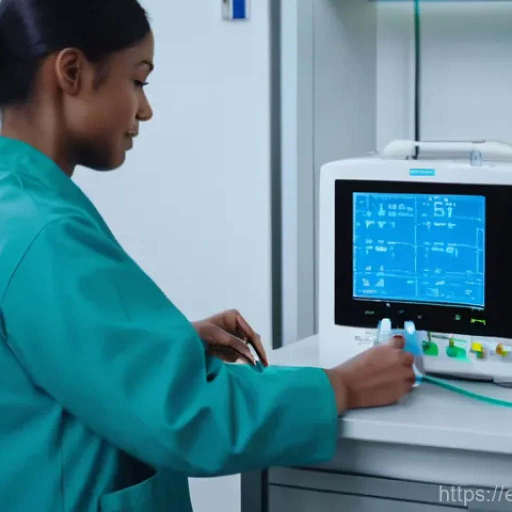 전기 시험 장비의 교정 및 보정 - A serene and modern hospital room where a medical professional, wearing a pristine lab coat, is care...
