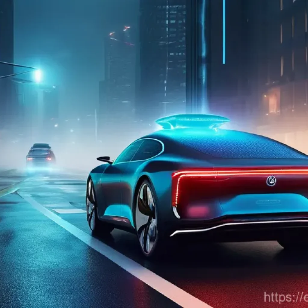 전자기학의 산업적 응용 - **Prompt:** A futuristic, sleek autonomous vehicle is driving safely through a dense, foggy cityscap...