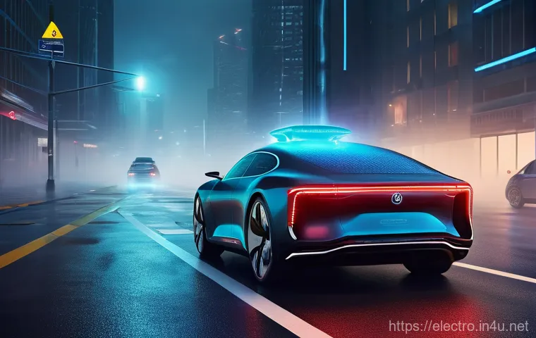 전자기학의 산업적 응용 - **Prompt:** A futuristic, sleek autonomous vehicle is driving safely through a dense, foggy cityscap...