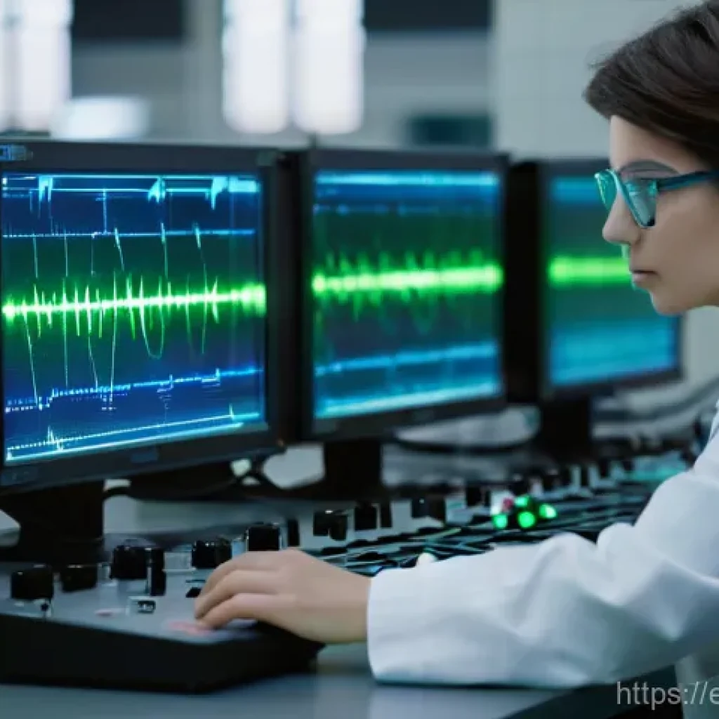 오실로스코프 사용법 - **Image Prompt: The Visual Magic of Signals**
A mid-shot of a young, focused engineer (male or f...