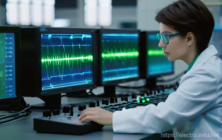 오실로스코프 사용법 - **Image Prompt: The Visual Magic of Signals**
A mid-shot of a young, focused engineer (male or f...