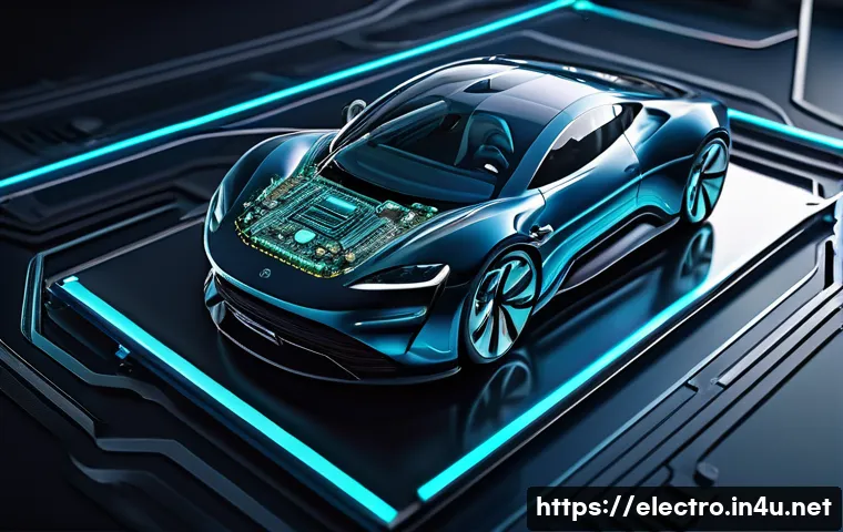 전기회로 해석 및 계산 - A highly detailed illustration of a modern electric vehicle’s complex electronic circuit board, show...