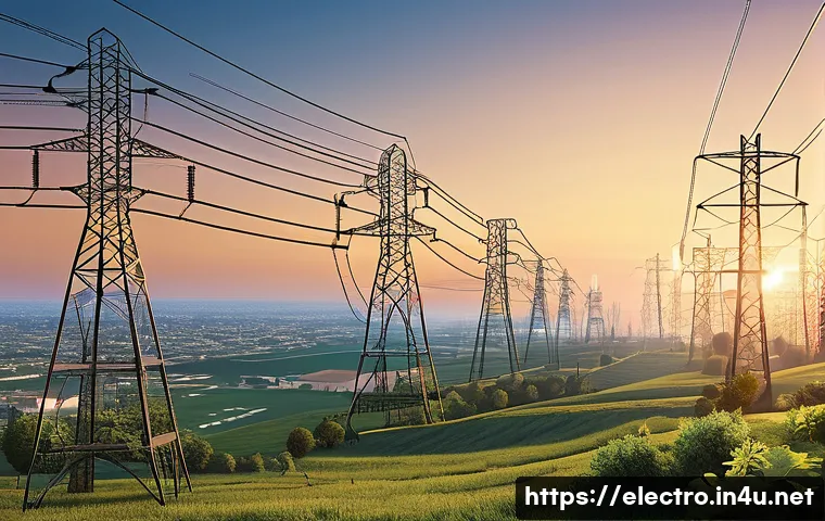 전력 계통 안정성 - A detailed and realistic illustration of a modern electric power grid system, showing high-voltage t...