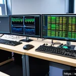 Home 18 FPGA 설계 - A high-tech FPGA development workspace featuring multiple computer monitors displaying Vivado and Qu...