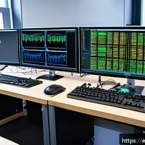 Home 30 FPGA 설계 - A high-tech FPGA development workspace featuring multiple computer monitors displaying Vivado and Qu...