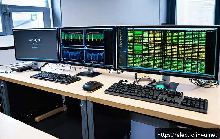 FPGA 설계 - A high-tech FPGA development workspace featuring multiple computer monitors displaying Vivado and Qu...