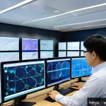Home 23 전력 시스템 설계 툴 - A high-tech engineering workspace featuring multiple monitors displaying integrated power system sim...