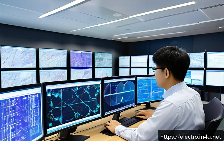 전력 시스템 설계 툴 - A high-tech engineering workspace featuring multiple monitors displaying integrated power system sim...