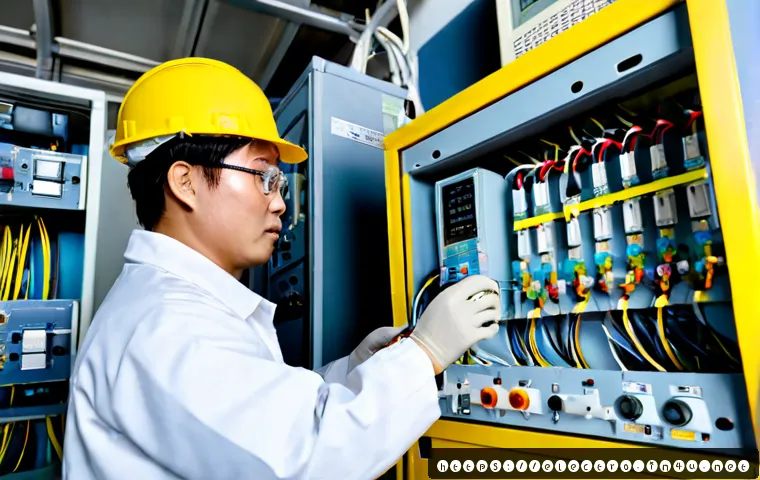 Home 17 전력 시스템 시험 장비 - Photorealistic electrical power system testing laboratory, senior electrical engineer in full protec...