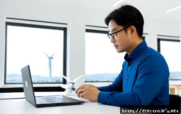 Home 17 풍력 시스템 설계 - Photorealistic renewable energy engineer in a bright modern design studio, studying a detailed physi...
