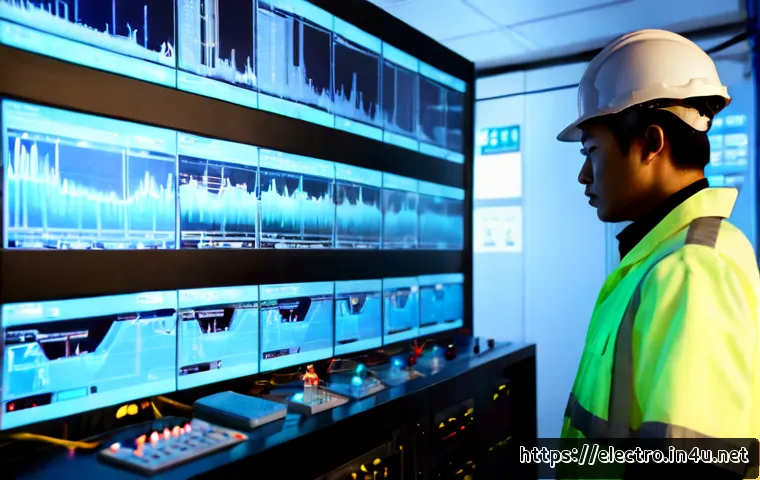 전력 계통 장애 분석 - Photorealistic electric utility control room during power grid fault analysis, focused engineer in s...