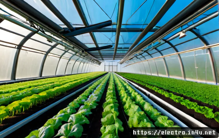 자동 제어의 응용 분야 - Photorealistic smart greenhouse with automated irrigation and climate control, rows of vibrant leafy...